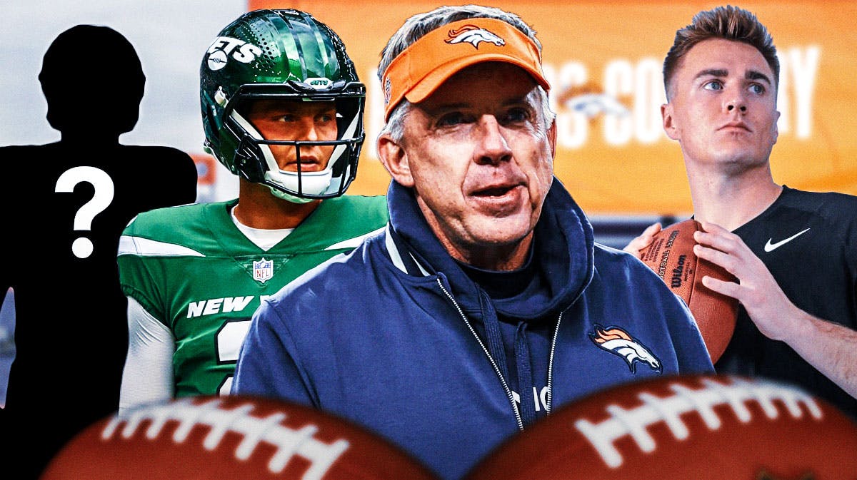 Denver Broncos head coach Sean Payton with QB Bo Nix, QB Zach Wilson, and the silhouette of an American football player with big question marks inside it.