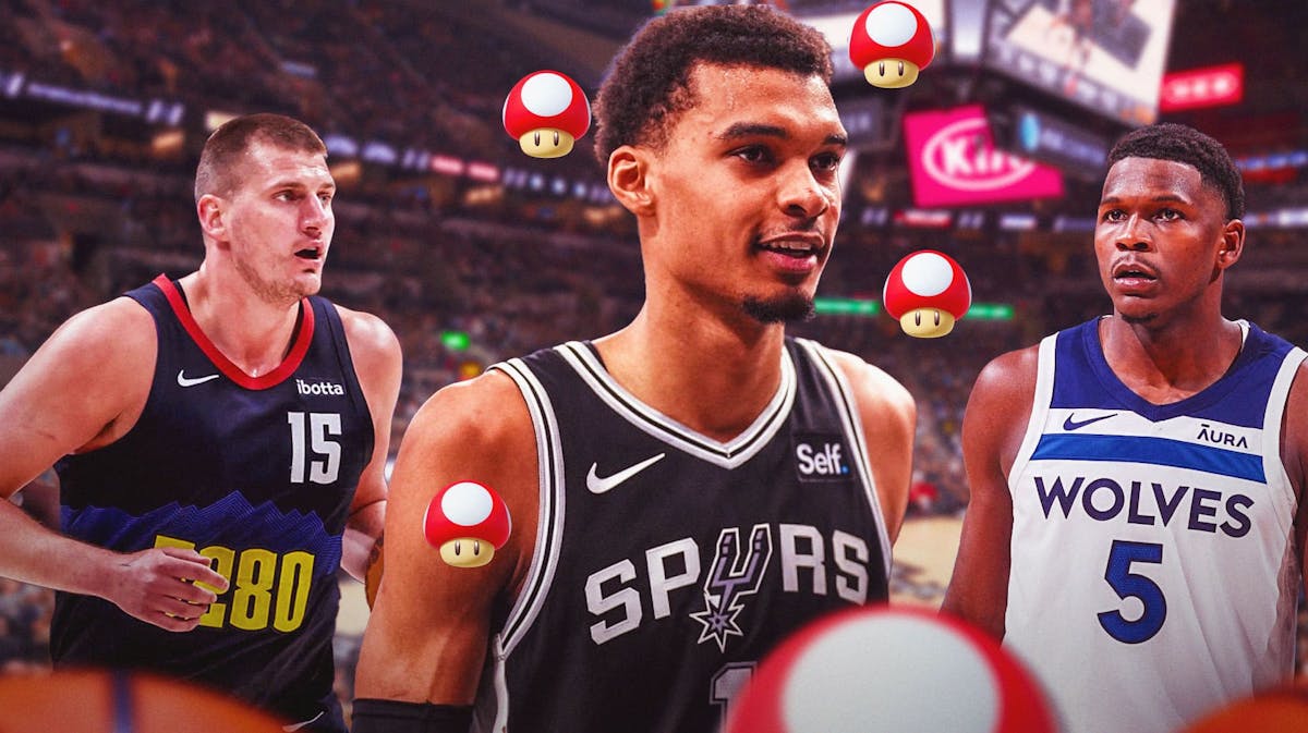 Spurs' Victor Wembanyama smiling with plenty of red Mario mushrooms beside him, with Nuggets' Nikola Jokic and Timberwolves' Anthony Edwards looking serious