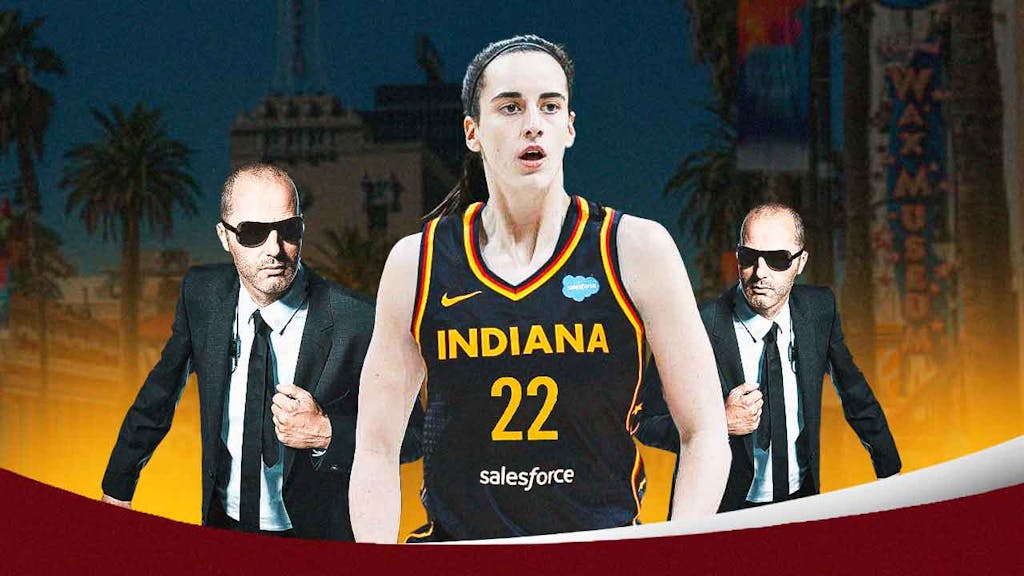 Indiana Fever player Caitlin Clark, please make it look like she is a celebrity (Still in a Fever jersey) surrounded by security guards