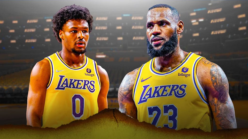 Bronny James in a Lakers jersey alongside LeBron James with the Lakers arena in the background