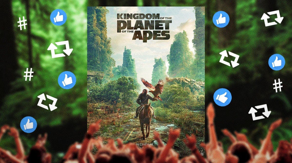 Movie poster for Kingdom of the Planet of the Apes, alongside imagery for influencers (ie. like buttons, the retweet symbol, hashtags etc.)