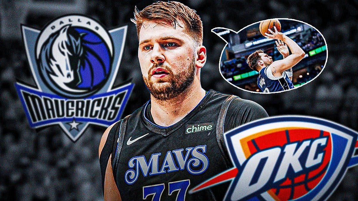 Mavericks' Luka Doncic in front looking serious. Give him a thought bubble. In the bubble, place Mavericks' Luka Doncic shooting a basketball. In background, place the Dallas Mavericks' 2024 logo and Oklahoma City Thunder's 2024 logo.