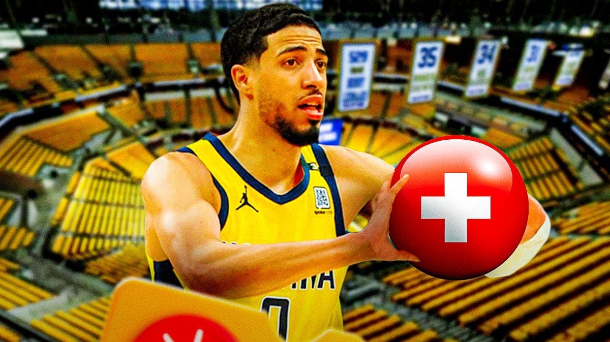 Tyrese Haliburton (Pacers) shooting a ball but SWAP the ball with medical cross symbol