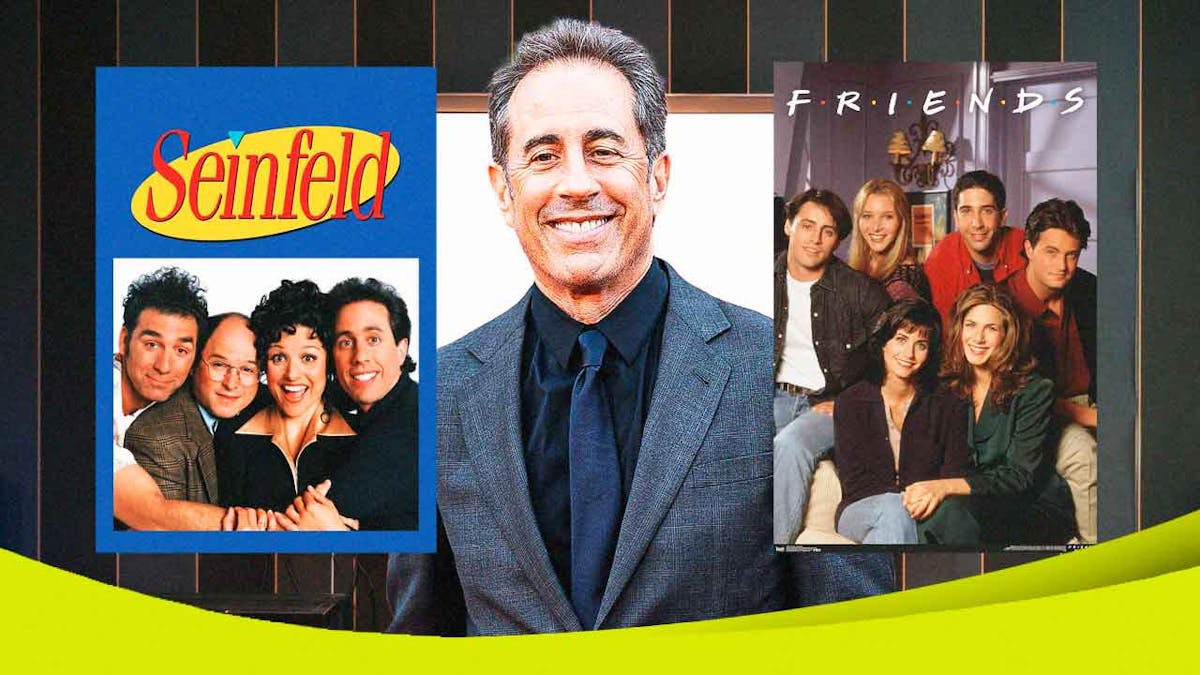 Jerry Seinfeld in between posters for Friends and Seinfeld