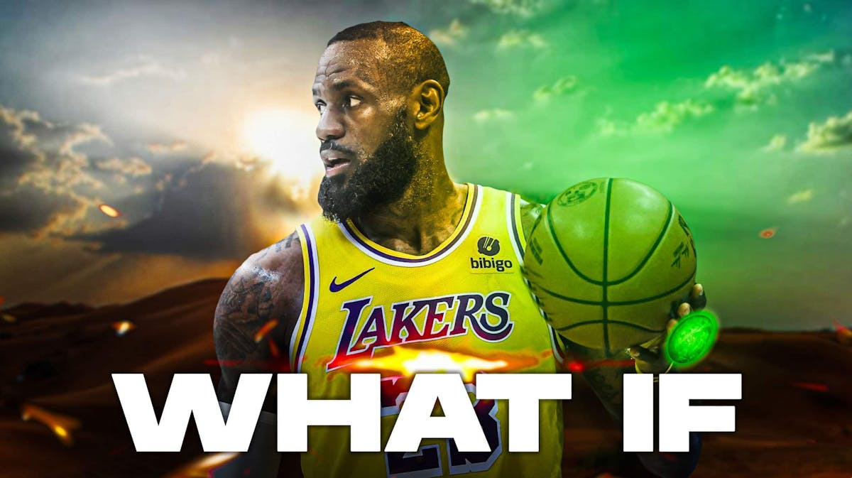 Lakers' LeBron James holding the time stone, with caption below: WHAT IF