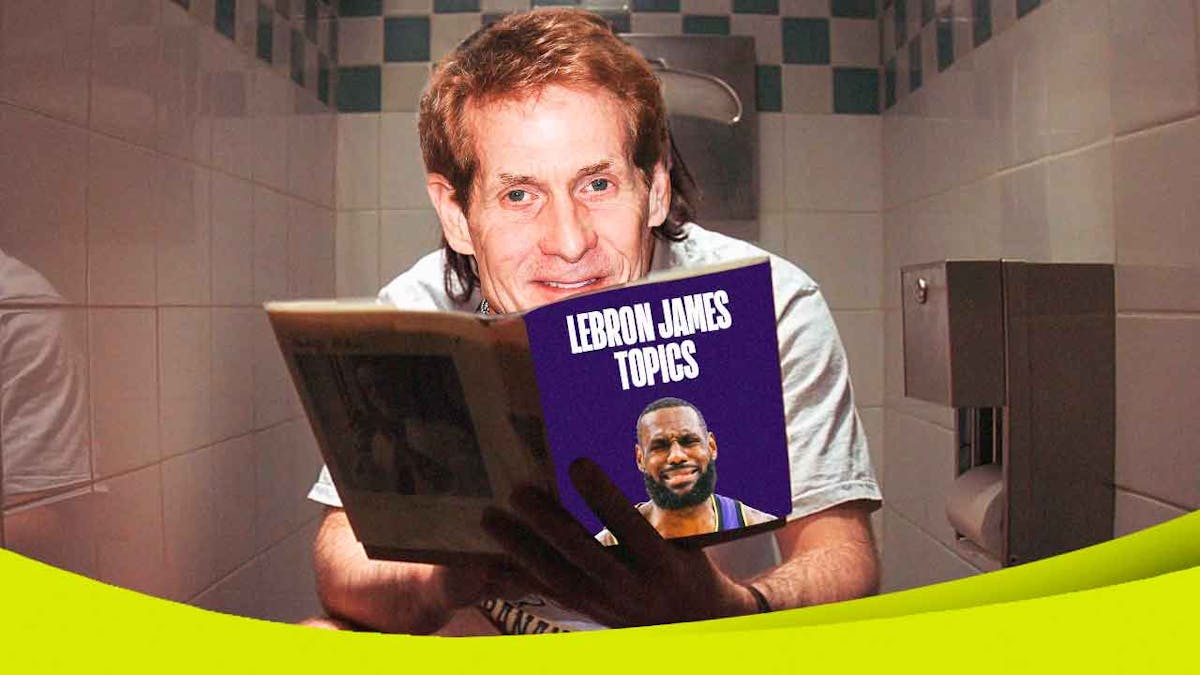 Skip Bayless as a man reading a boook, with the book cover showing LeBron James (Lakers)' face and a title that says "LeBron James Topics"