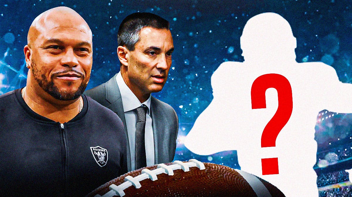 Las Vegas Raiders head coach Antonio Pierce with general manager Tom Telesco and a silhouette of an American football player with a big question mark in the middle.