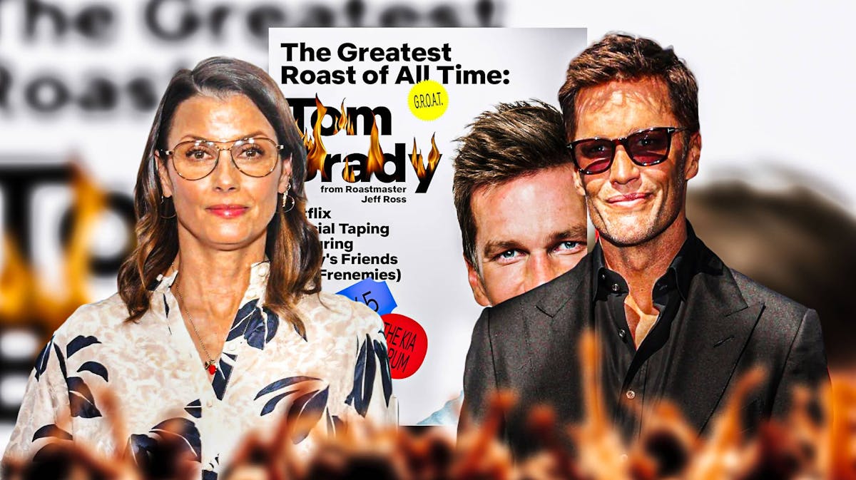 Bridget Moynahan, Tom Brady and the show poster for Netflix's roast of Tom Brady special