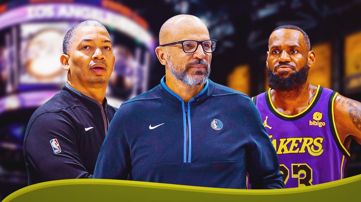 Jason Kidd and Tyronn Lue alongside LeBron James with the Lakers arena in the background