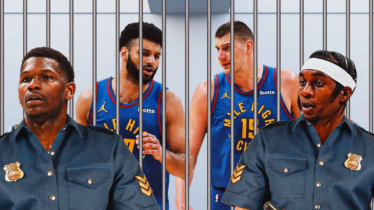 Timberwolves' Jaden McDaniels and Anthony Edwards as prison guards, with Nuggets' Nikola Jokic and Jamal Murray inside the prison cell