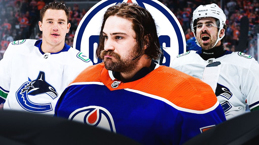 Stuart Skinner in image looking stern in middle, Conor Garland and Nikita Zadorov on either side looking happy, EDM Oilers logo, hockey rink in background