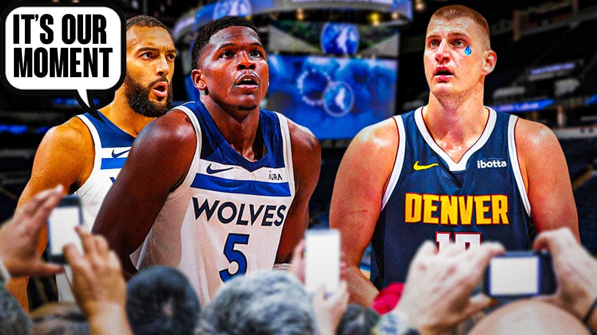 Timberwolves' Rudy Gobert saying "It's our moment" to Anthony Edwards and Nuggets' Nikola Jokic