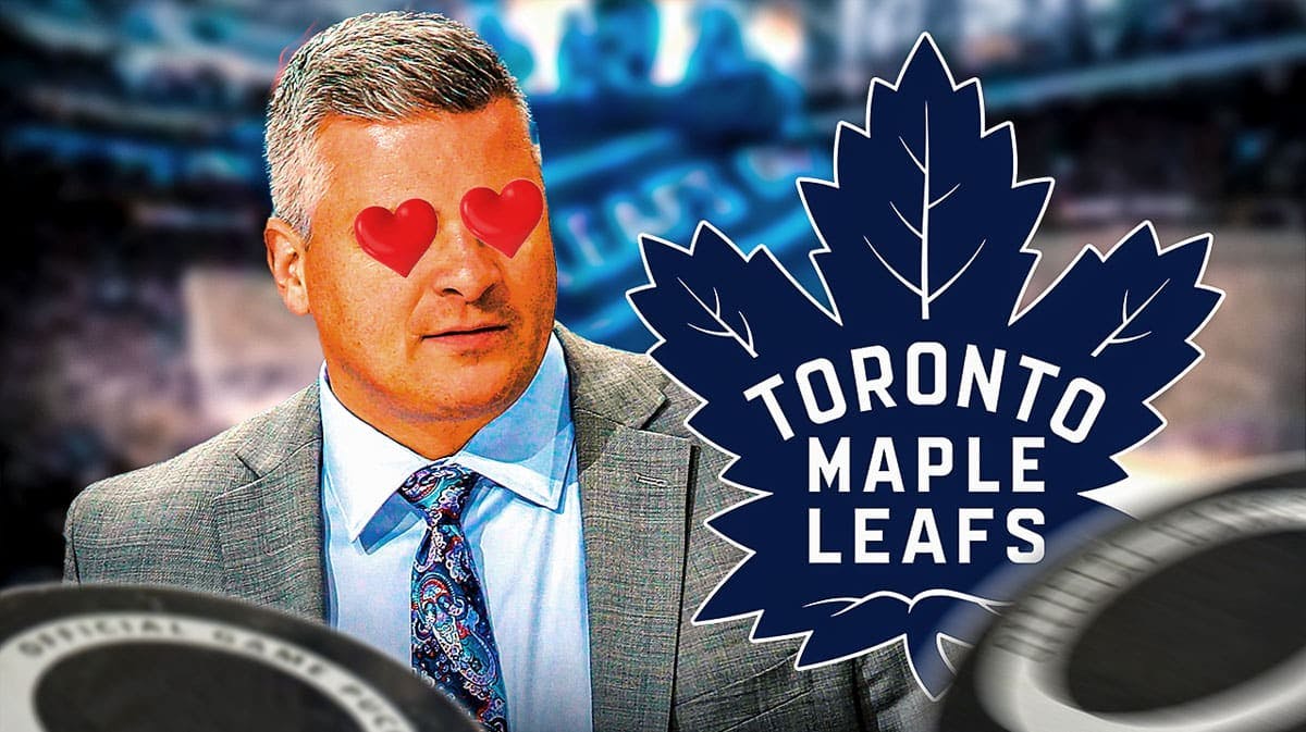 Sheldon Keefe with heart eyes looking at the Maple Leafs logo