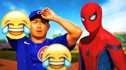 Shota Imanaga with cry laughing emojis around him. Spiderman