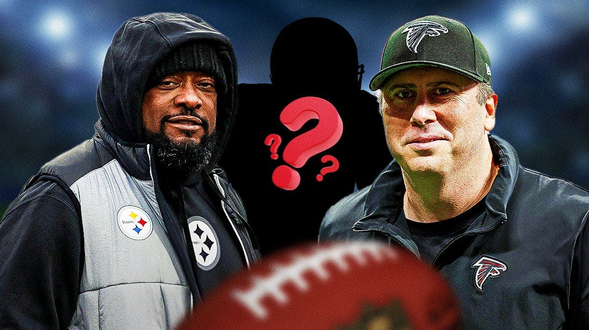 Pittsburgh Steelers head coach Mike Tomlin next to offensive coordinator Arthur Smith and a silhouette of an American football player with a big question mark in it.