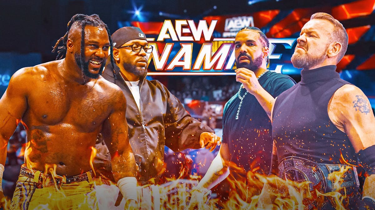Kendrick Lamar and Swerve Strickland on the left and Drake and Christian Cage on the right with the AEW Dynamite logo between them.