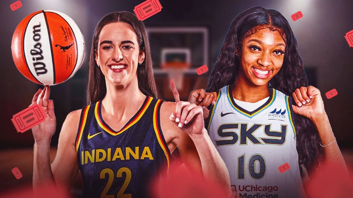 Indiana Fever Caitlin Clark, Chicago Sky player Angel Reese on a basketball court, with the ticket emoji surrounding both of them, like it's "raining" tickets