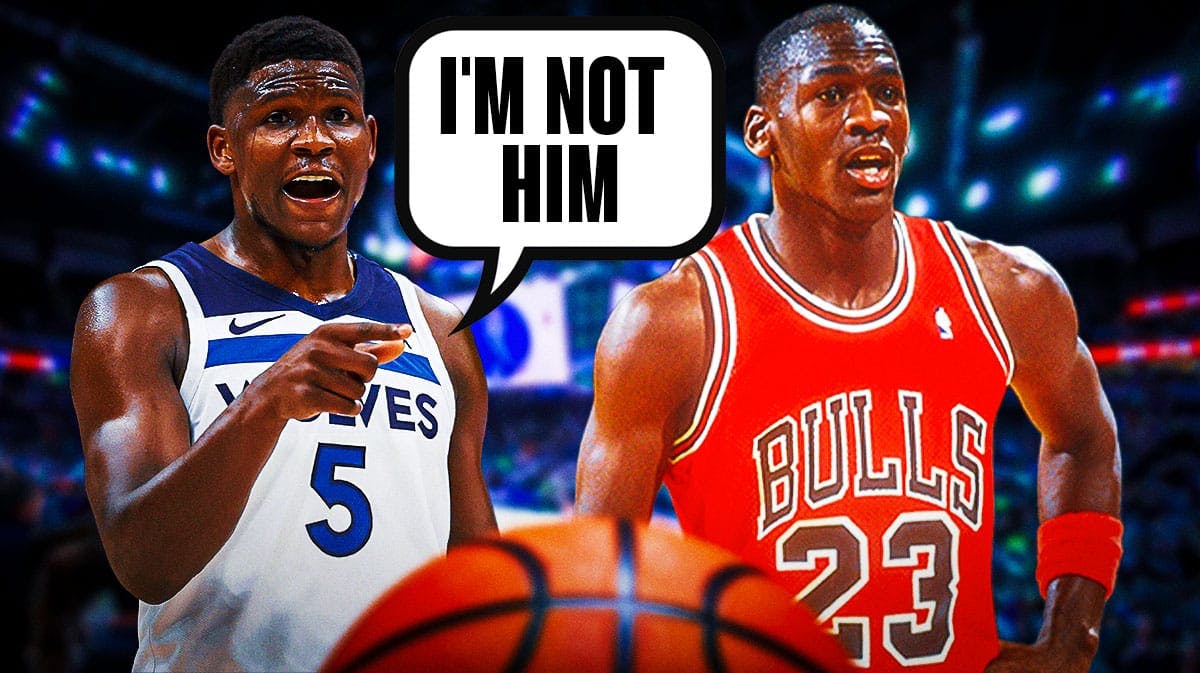 Timberwolves' Anthony Edwards saying "I'm not him" next to Michael Jordan