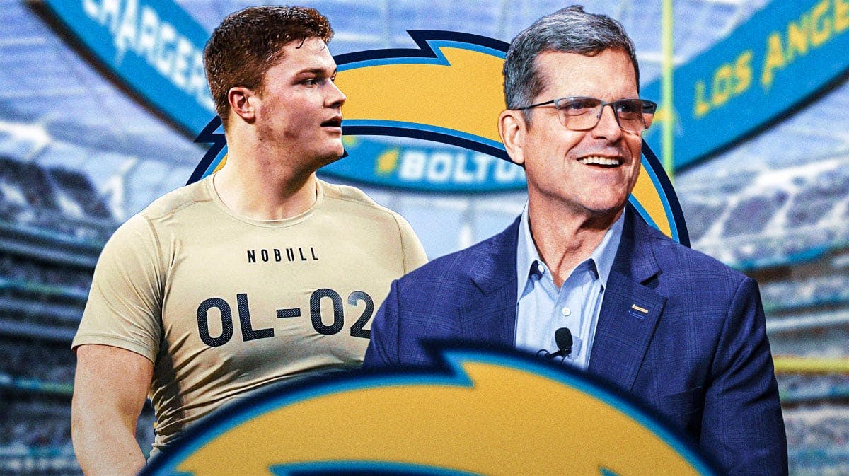 Los Angeles Chargers head coach Jim Harbaugh with offensive tackle Joe Alt. They are next to a logo of the Los Angeles Chargers.