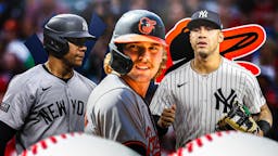 Gunnar Henderson in middle looking happy, Juan Soto and Gleyber Torres on either side looking stern, NY Yankees and Baltimore Orioles logos, baseball field in background