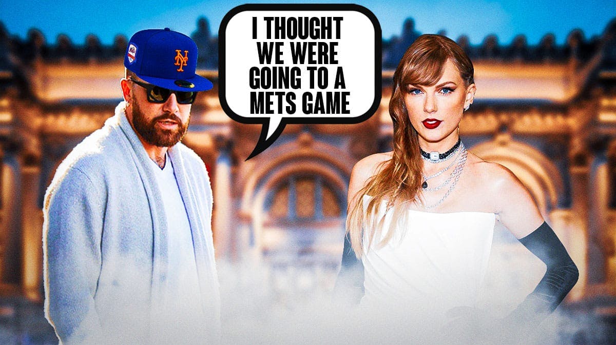 Taylor Swift and Travis Kelce, with image of NYC's Metropolitan Museum of Art in the background. Kelce is wearing a NY Mets hat and has speech bubble, "I thought we were going to a Mets game"