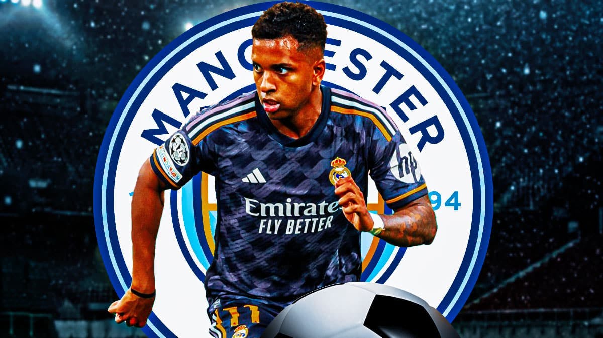Rodrygo in front of the Manchester City logo
