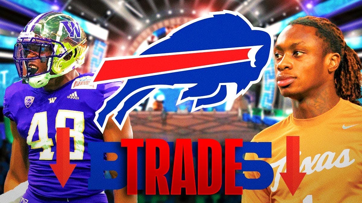 Bills logo in the middle surrounded by Xavier Worthy (Texas), Edefuan Ulofoshio (Washington), and the word "Trade" with a red down arrow next to it and an NFL Draft background.