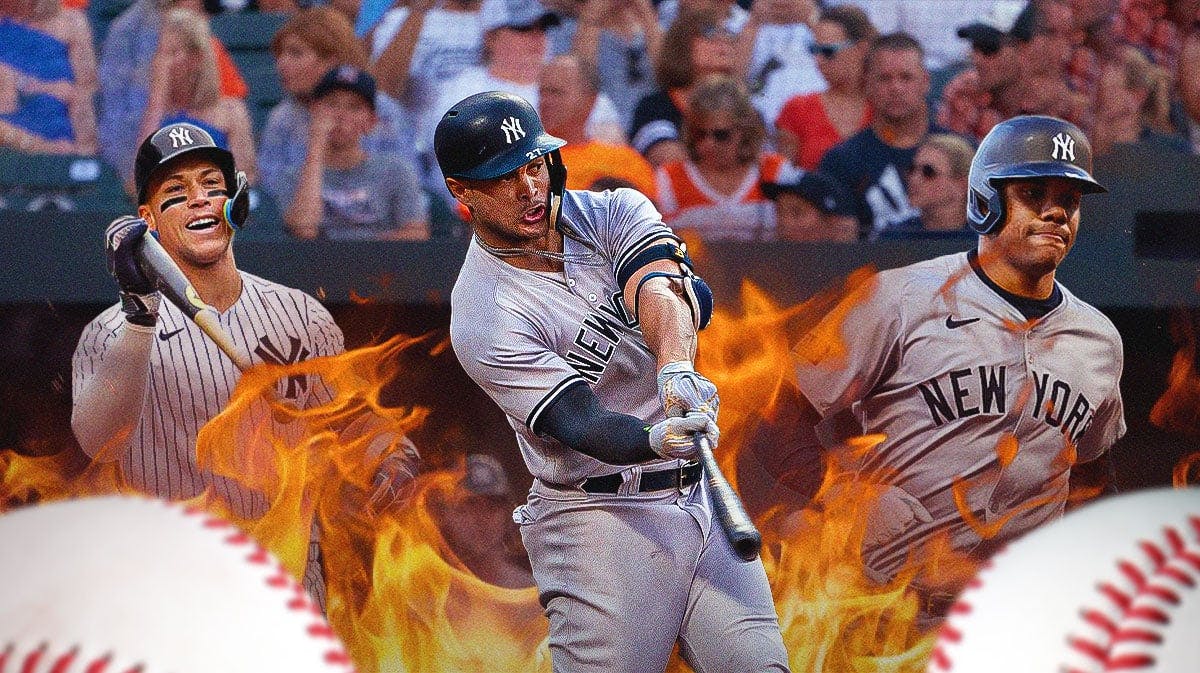 Giancarlo Stanton swinging a bat with flames coming off of it. Aaron Judge, Juan Soto