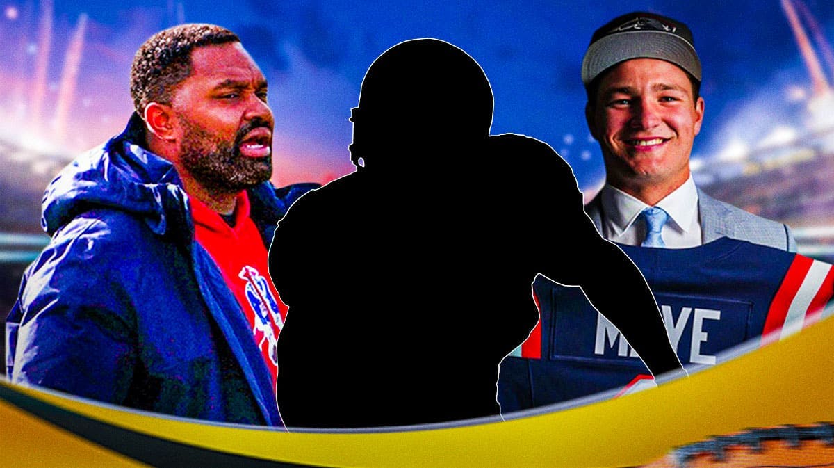 Jerod Mayo, Drake Maye and mystery silhouette with Gillette Stadium in background