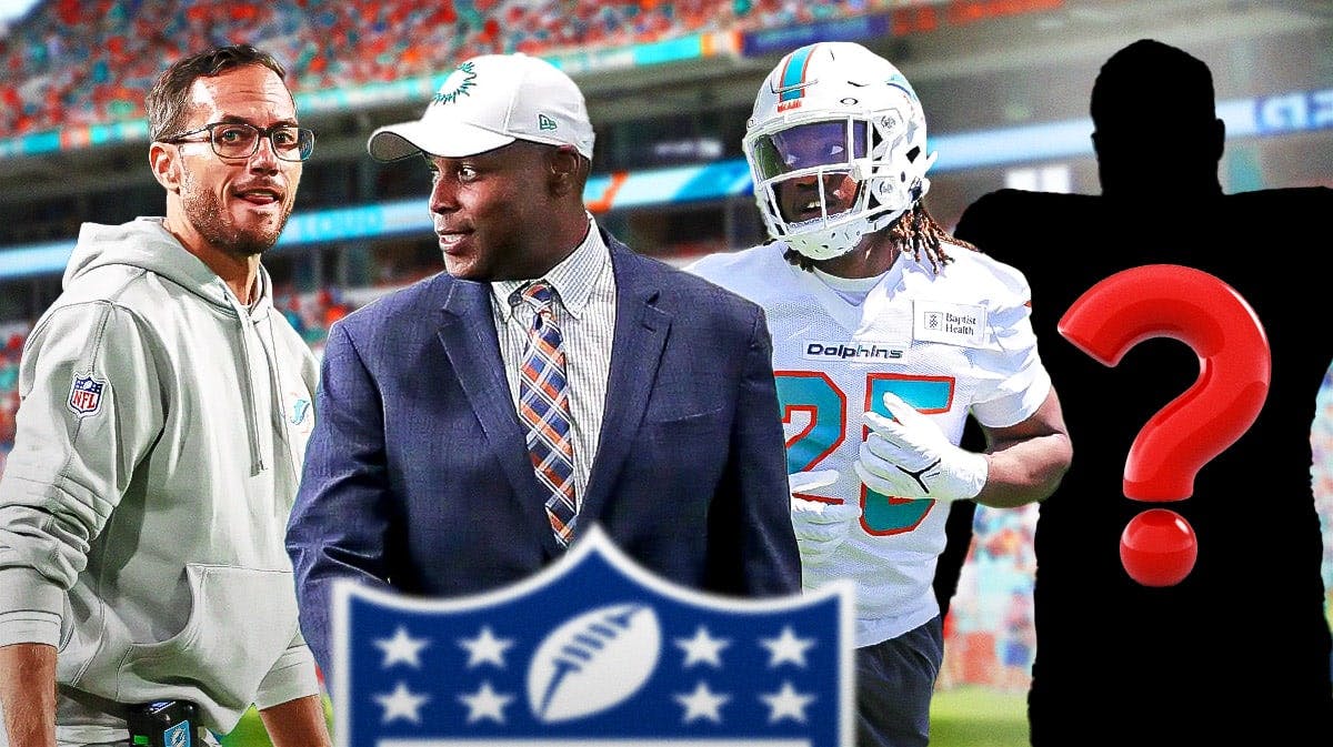 Miami Dolphins general manager Chris Grier and head coach Mike McDaniel with RB Jaylen Wright and a silhouette of an American football player with big question marks inside.