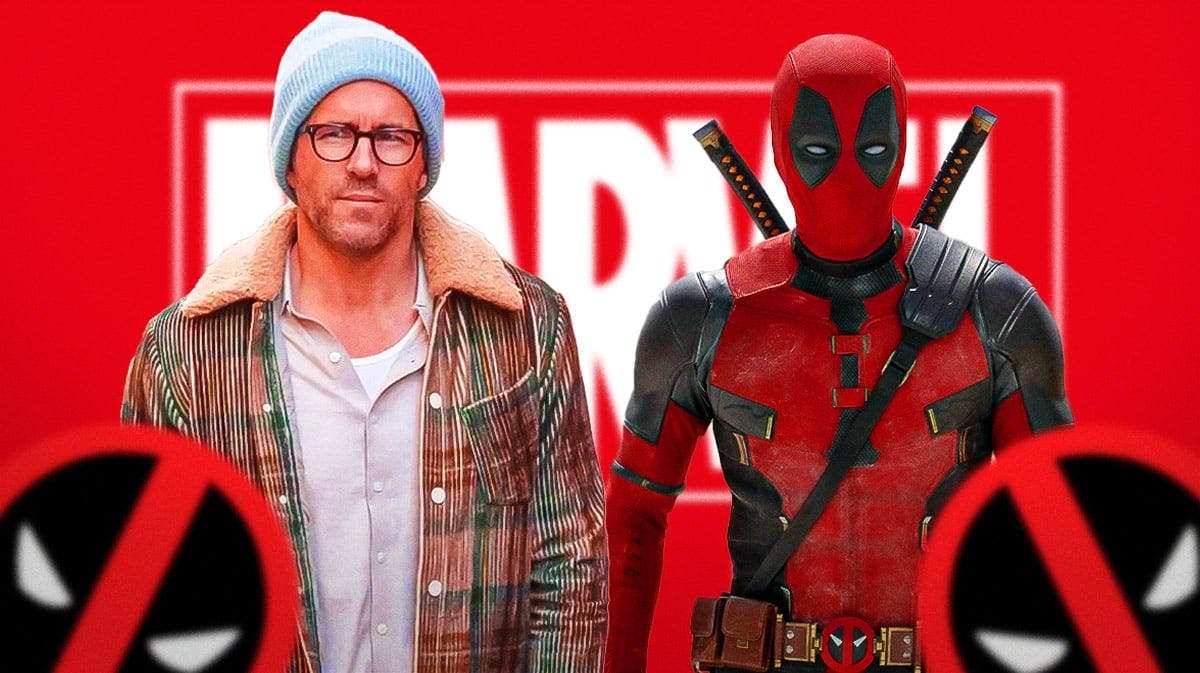 Deadpool and Ryan Reynolds in front of Marvel logo
