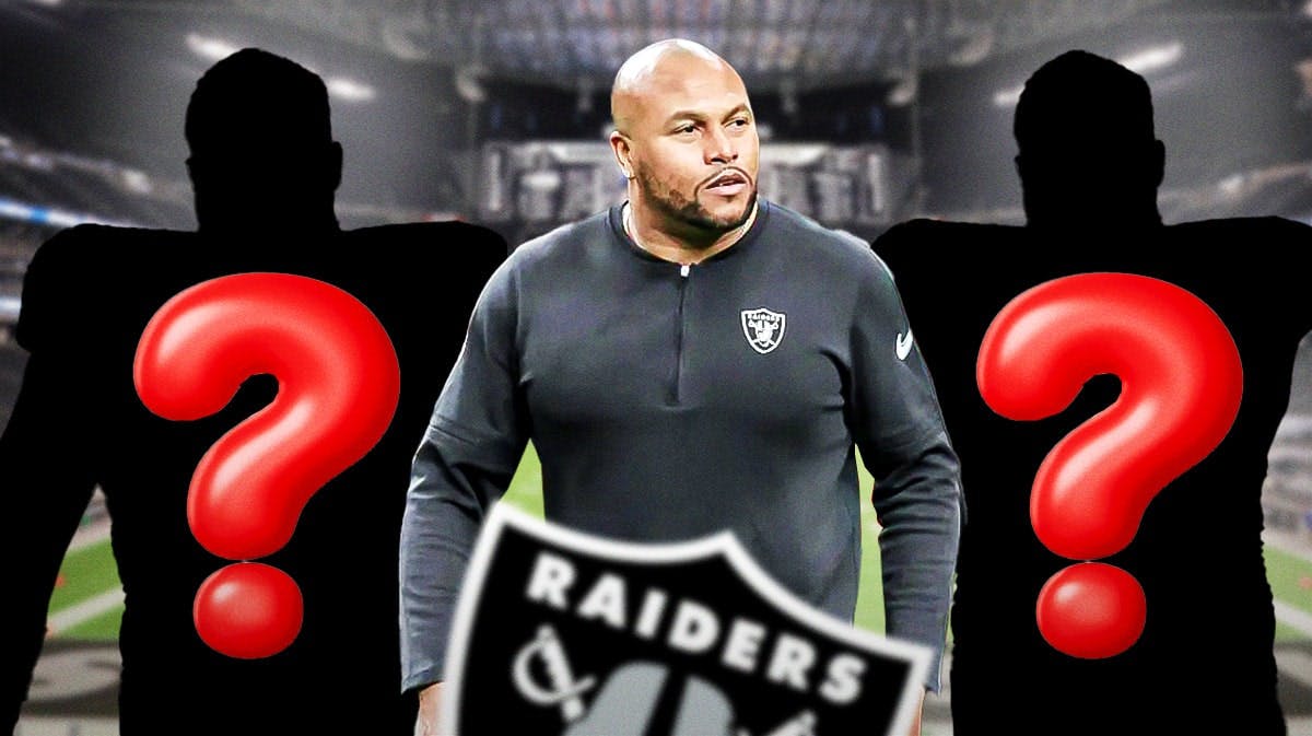 In the middle of the photo is Las Vegas Raiders head coach Antonio Pierce. On both his left and right side are silhouettes of American football players with a big question mark in the middle.
