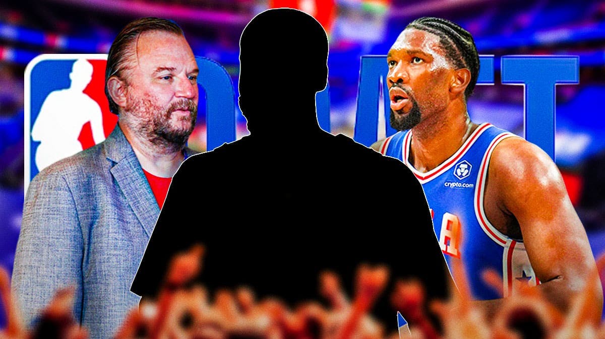 76ers' Daryl Morey and Joel Embiid next to a silhouette of a player and the NBA Draft logo in the background