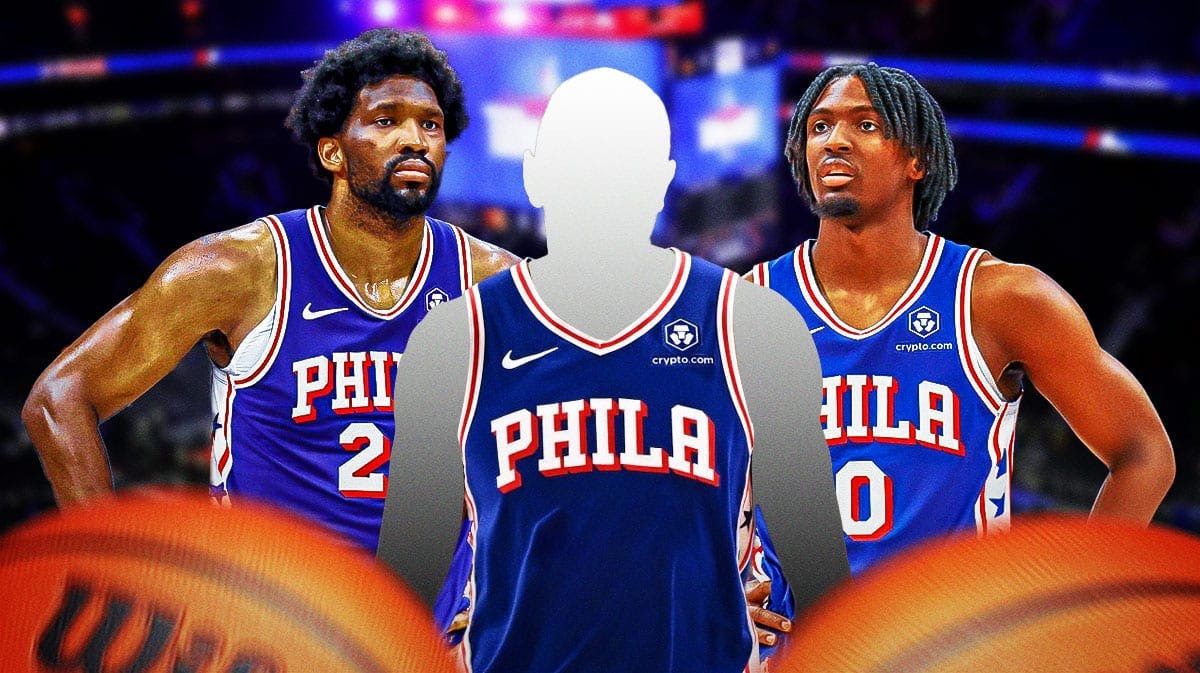 Joel Embiid, a silhouette of a 76ers player and Tyrese Maxey
