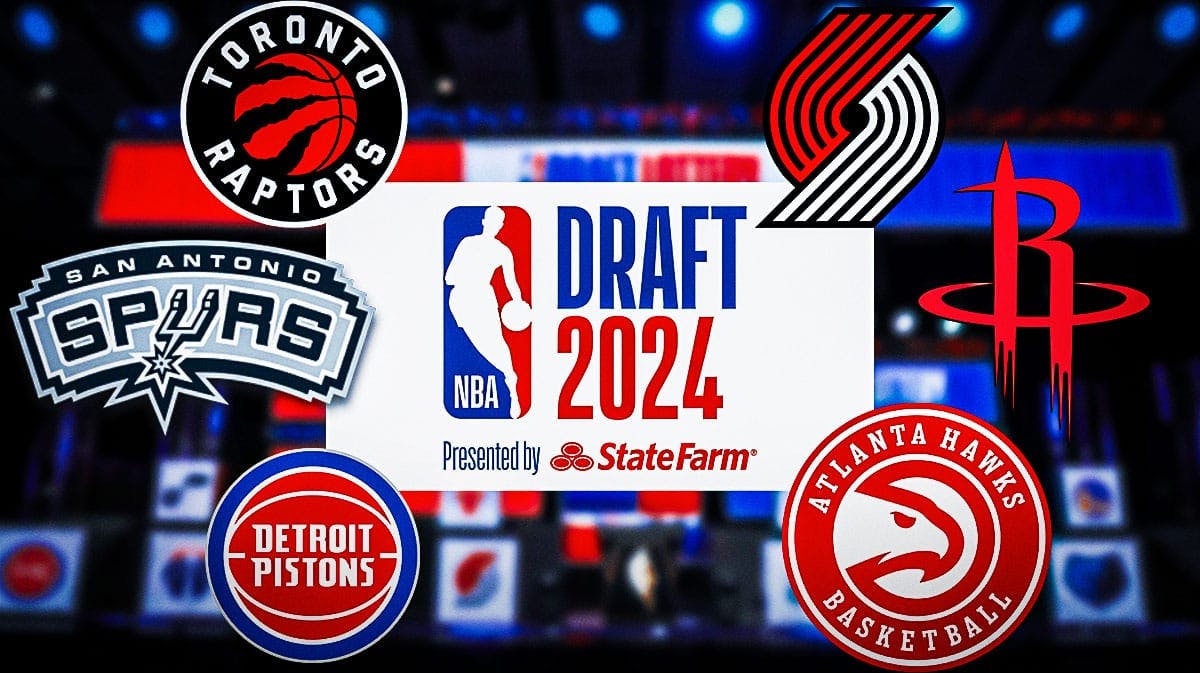 NBA Draft logo surrounded by Raptors, Spurs, Pistons, Trail Blazers, Rockets, and Hawks logos