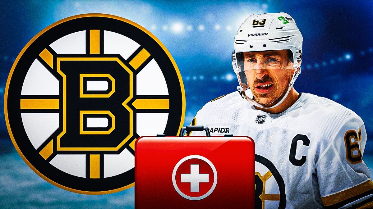 Boston Bruins forward Brad Marchand next to an injury symbol and a logo for the Boston Bruins