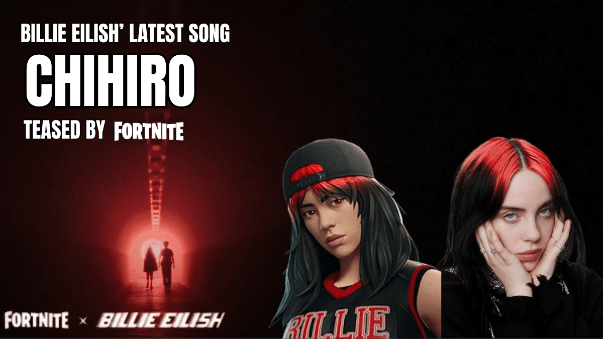 Key image of Billie Eilish and her skin variant on Fortnite with Chihir screenshot in the background