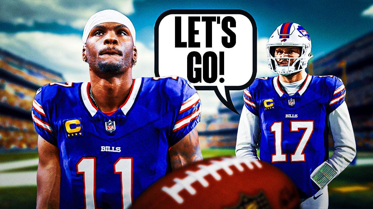 Marquez Valdes-Scantling on one side in a Buffalo Bills jersey, Josh Allen on the other side with a speech bubble that says "Let's go!"
