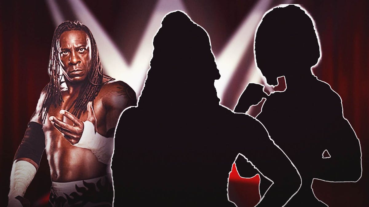 Booker T next to the blacked-out silhouettes of Jade Cargill and Bianca Belair with the WWE logo as the background.