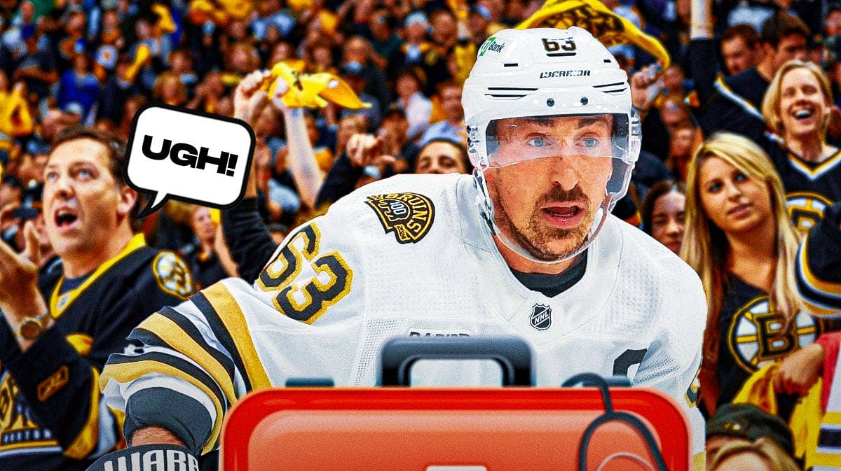 Brad Marchand on one side with an injury kit in front of him, a bunch of Boston Bruins fans on the other side with a speech bubble that says "Ugh!"