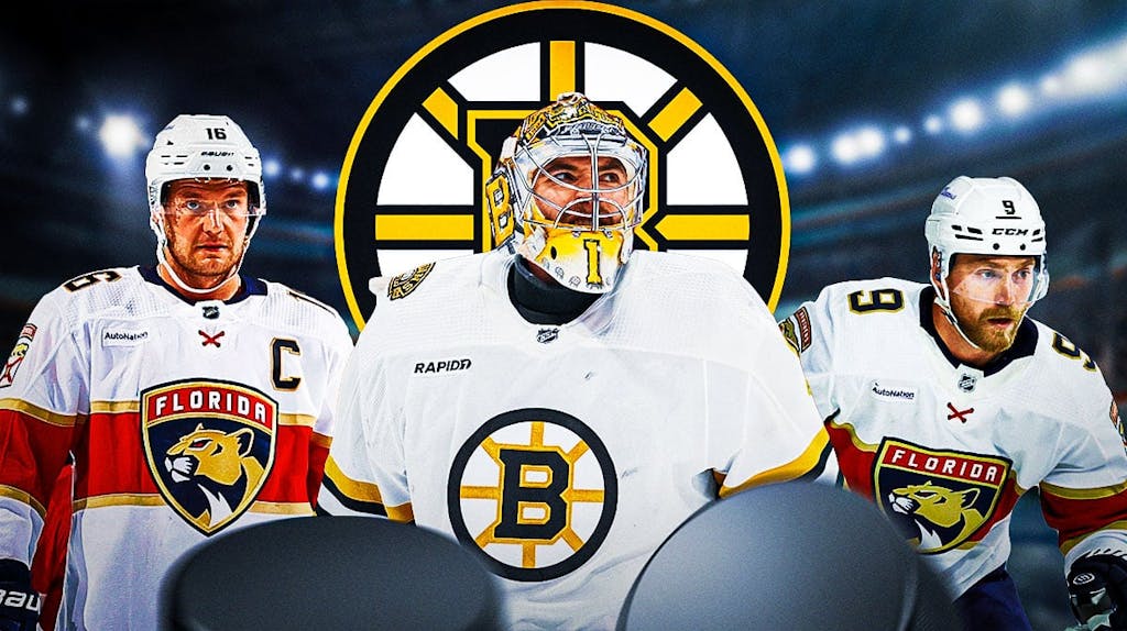 Jeremy Swayman in middle of image looking stern, Sasha Barkov and Sam Bennett on either side, Boston Bruins logo, hockey rink in background