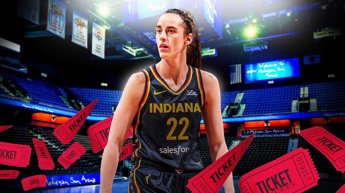 Indiana Fever player Caitlin Clark, with Mohegan Sun Arena in the background, with the ticket emoji around the image