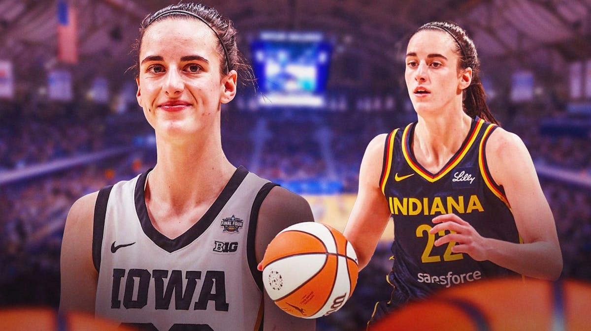 Caitlin Clark in her Iowa jersey and Indiana Fever jersey