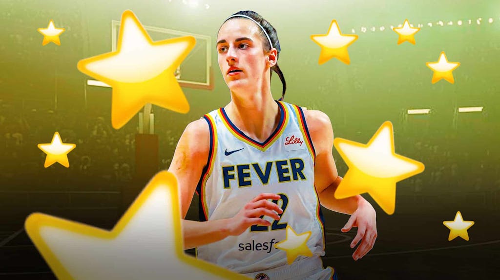 Indiana Fever player Caitlin Clark, with stars surrounding her and the Indiana Fever logo behind her, with one bold prediction for the 2024 WNBA Season being the Fever making the semifinals.