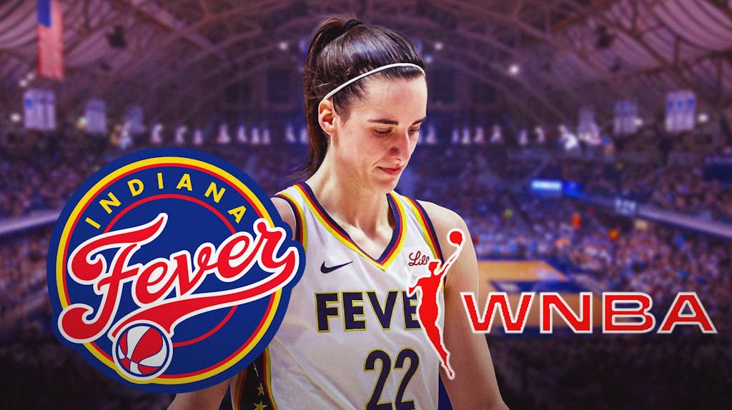 Ex-Iowa women's basketball star Caitlin Clark stands next to Fever logo, Suns' Alyssa Thomas in background