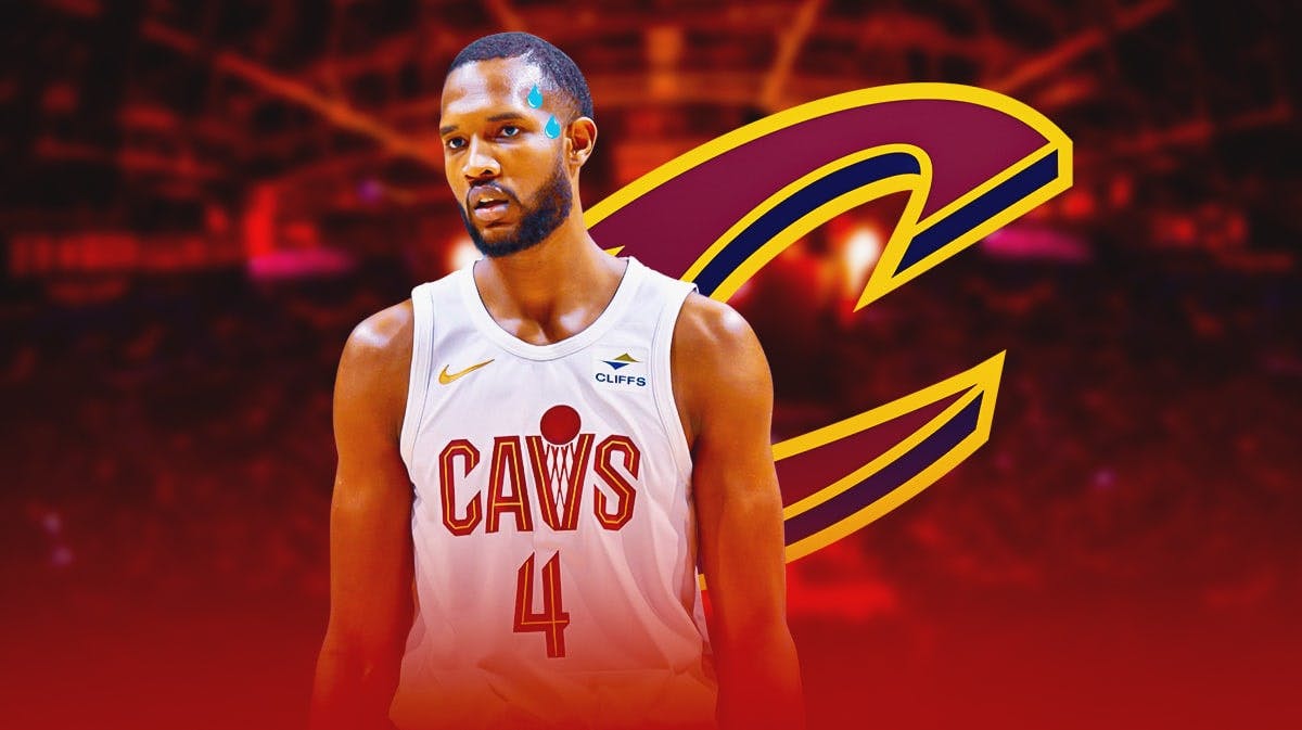 Cavs Evan Mobley with nervous sweat drops next to Cavs logo