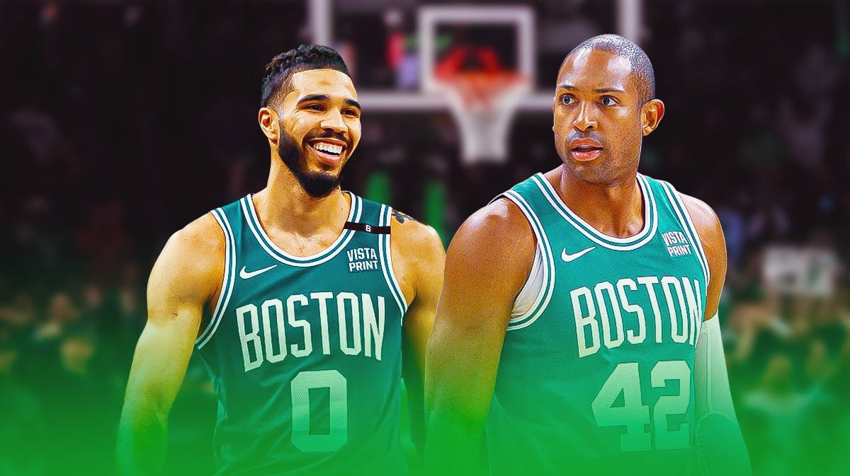 Celtics, Celtics Cavaliers, Al Horford, Cavaliers, Jayson Tatum, Al Horford and Jayson Tatum in Celtics unis with Celtics arena in the background
