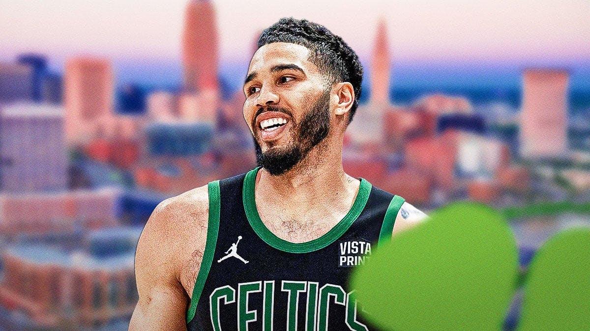 Celtics' Jayson Tatum with Cleveland background