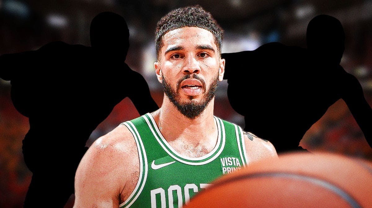 Jayson Tatum and two mystery silhouettes with TD Garden in background