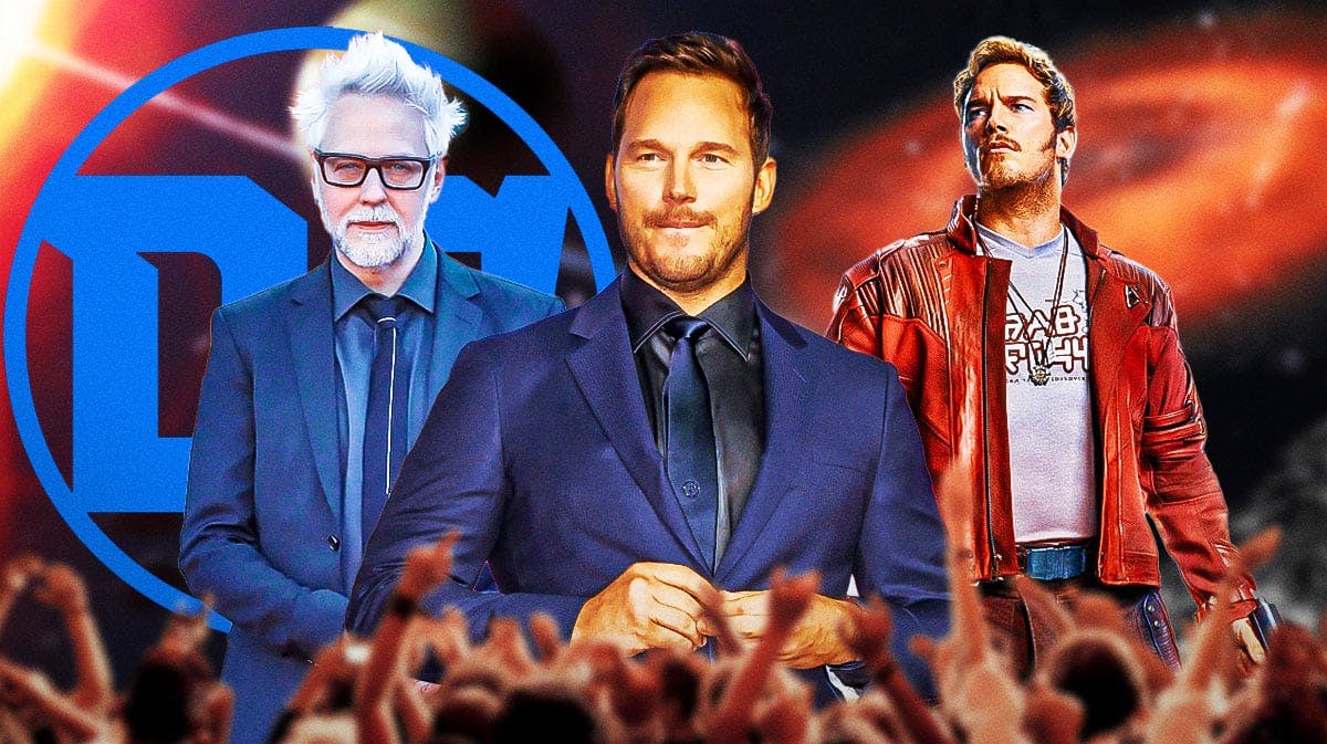 Chris Pratt with Star-Lord from MCU Guardians of the Galaxy and DCU head James Gunn with DC Comics logo.